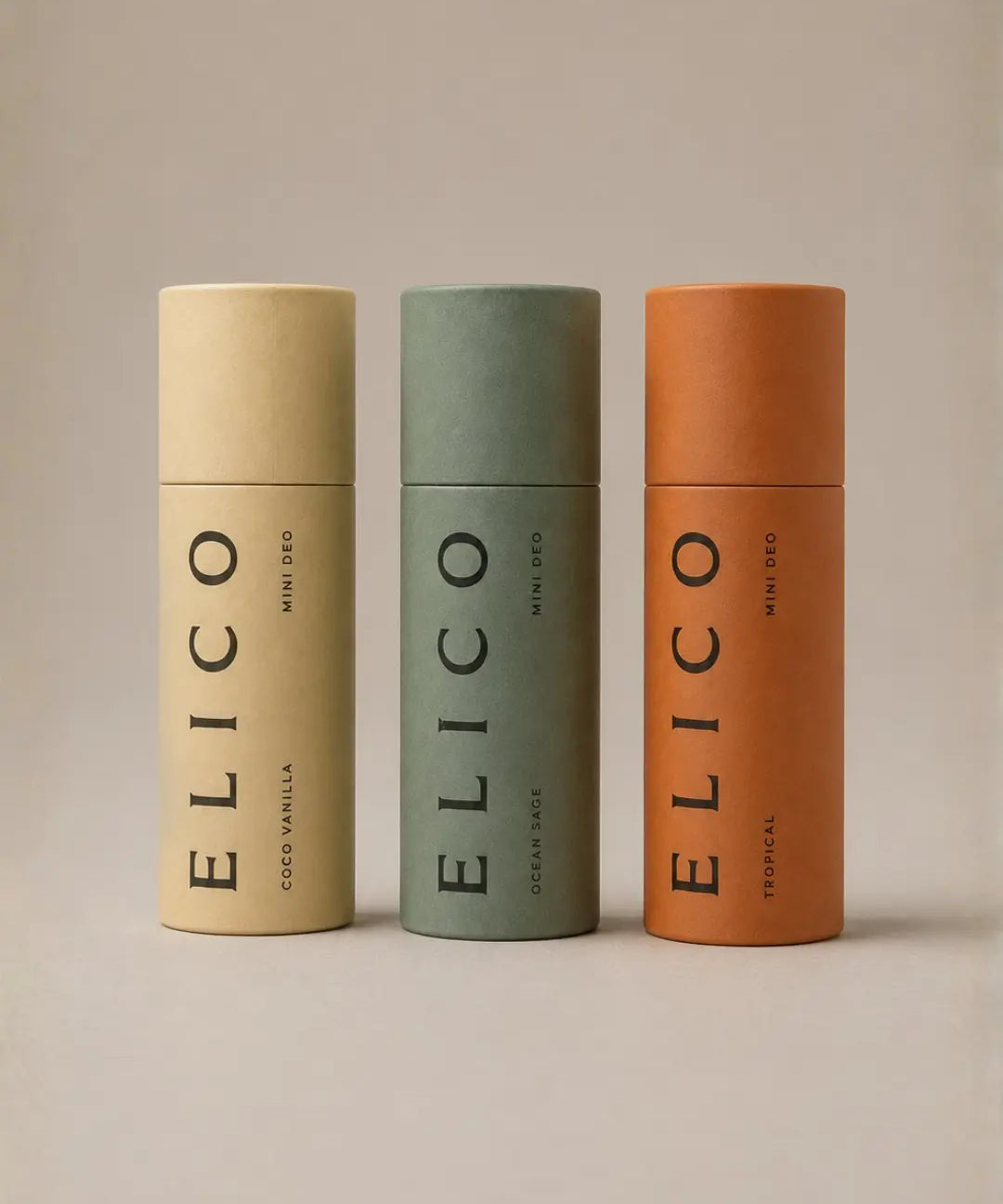 Mini Deo i alle tre dufter — Coco Vanilla, Ocean & Sage og Tropical — i papptube