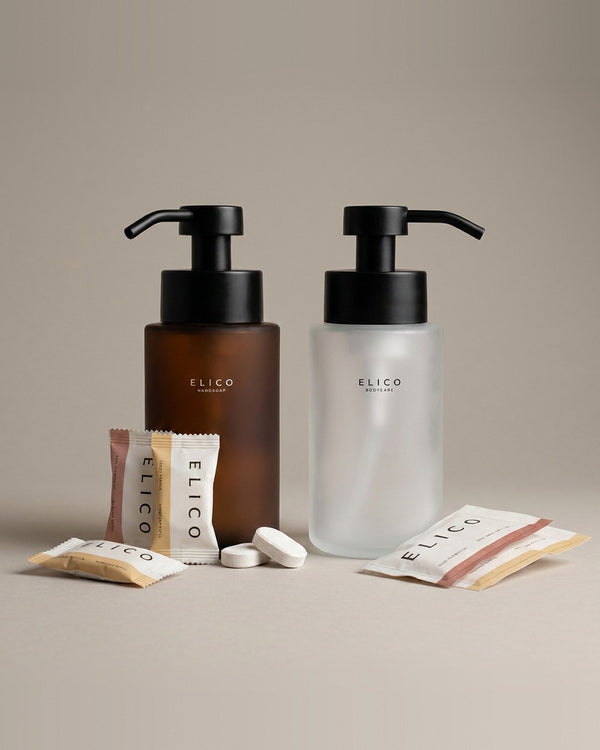 Hand and Body duo: håndsåpe- og body wash-dispenser i glass med refills