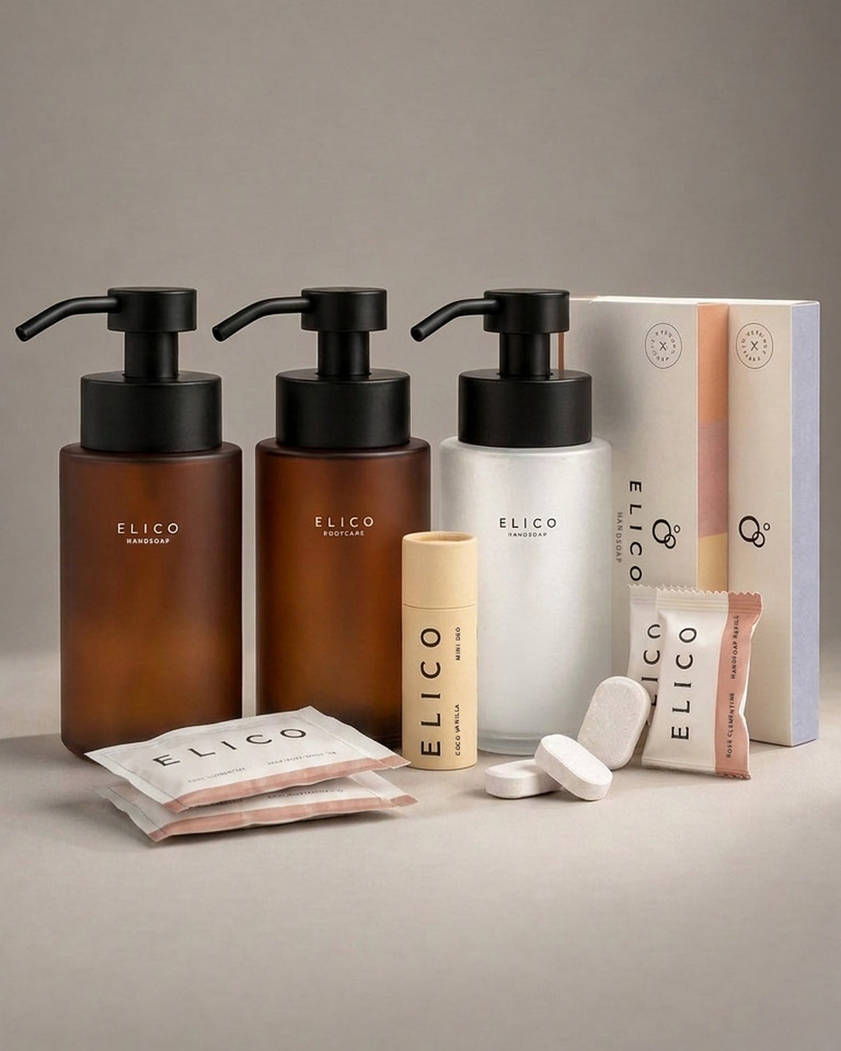 Hele hjemmet: tre dispensere i glass, refills, body wash og en Mini Deo